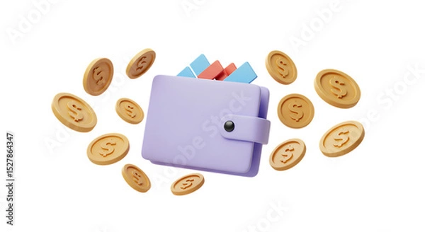 Obraz Purple wallet with dollar coins falling around isolated on white background