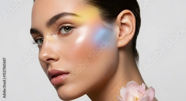 Fototapeta Glow of Radiance: A captivating portrait captures a young woman's natural beauty, with soft features and radiant skin. Delicate floral accents add a touch of elegance.