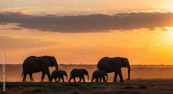 Fototapeta Elephant Herd at Sunset: An elephant herd moves gracefully across the African savannah during sunset, creating a silhouette against the vibrant orange sky. The image evokes a sense of peace, majesty.