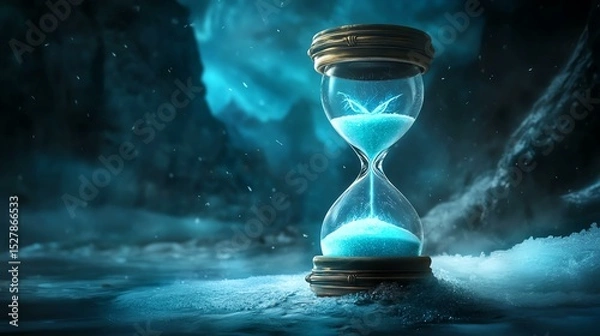 Obraz A mesmerizing hourglass filled with vivid blue sand, symbolizing the passage of time.