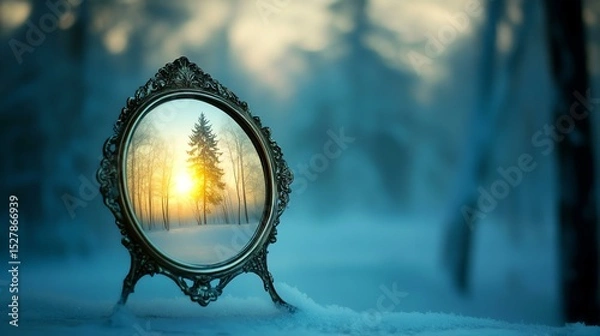 Obraz A vintage mirror reflecting a serene winter landscape with a soft sunset glow.