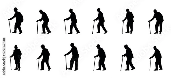 Obraz Elderly Man Silhouettes with Walking Cane. silhouette of a set of an old man walking using a cane aid. Vector illustration