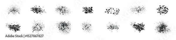 Obraz Explosion geometric shape collection. Set of broken element. Destruction effect shapes. Exploded element with spray particles. Broken glass with debris, particles burst set. Black grey shatters.