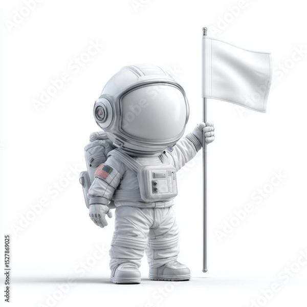 Fototapeta Cute cartoon astronaut holding a blank white flag in an empty space environment, futuristic design, playful and imaginative scene