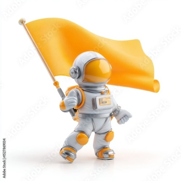 Fototapeta Cute cartoon astronaut character holding yellow flag, celebrating exploration and adventure in outer space, colorful design