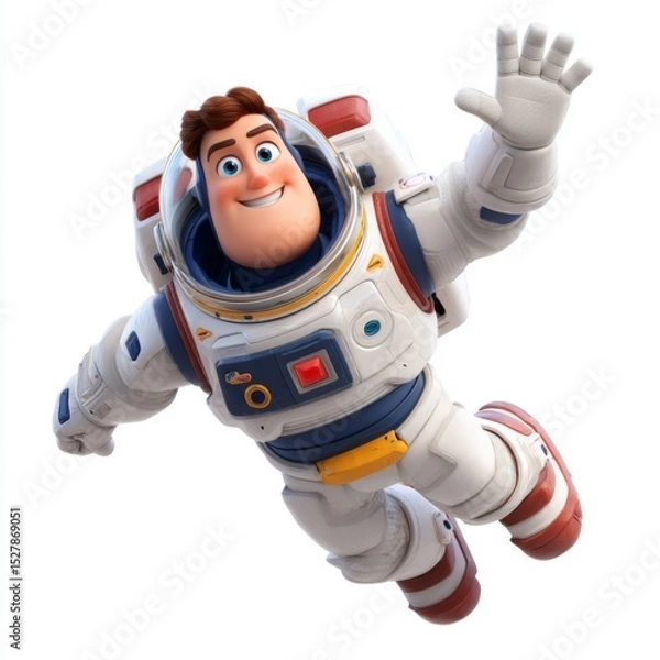 Fototapeta Friendly cartoon astronaut character in space suit floating with joy and waving hand, perfect for children's themes and education