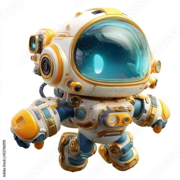 Fototapeta Cute cartoon robot astronaut exploring a vibrant alien planet with colorful features and a big transparent helmet