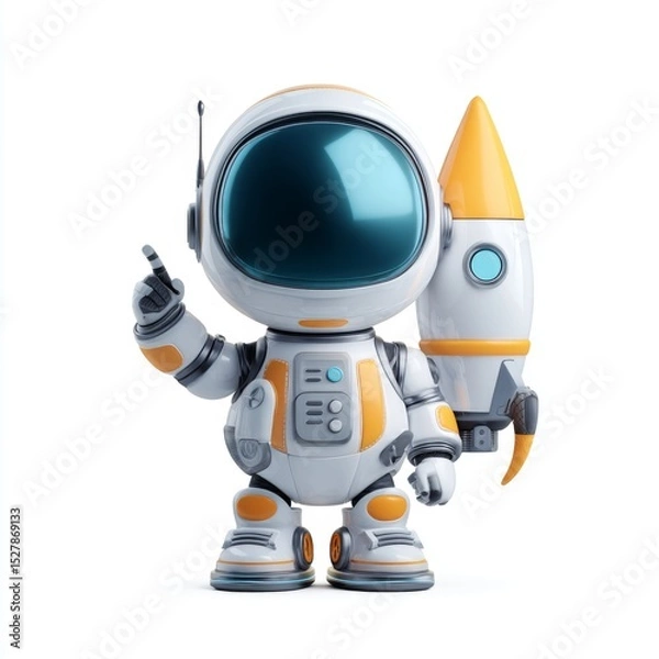 Fototapeta Cute cartoon astronaut character with rocket, cheerful expression, and vibrant colors, perfect for children's themes or space projects