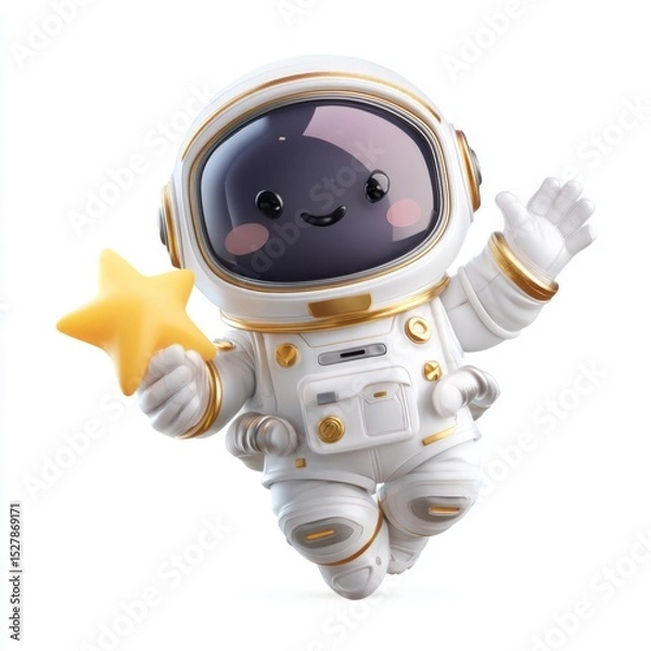 Fototapeta Cute cartoon astronaut character holding a star with a joyful expression in a vibrant space-themed background illustration