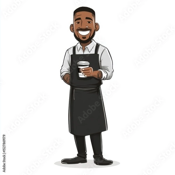 Fototapeta Friendly barista in black apron holding coffee cup, smiling and radiating positive vibes in a modern cafe setting.