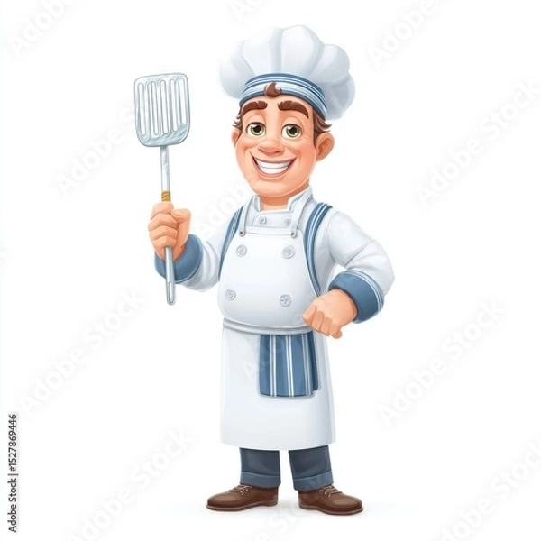 Fototapeta Cartoon Chef Character in White Uniform Holding Spatula with Cheerful Expression for Cooking and Culinary Themes