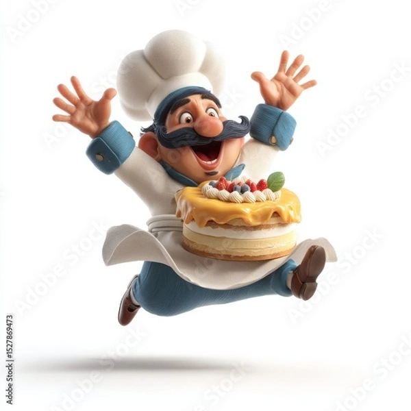 Fototapeta Cheerful cartoon chef character excitedly jumping with a delicious cake topped with strawberries and mint leaves in hand