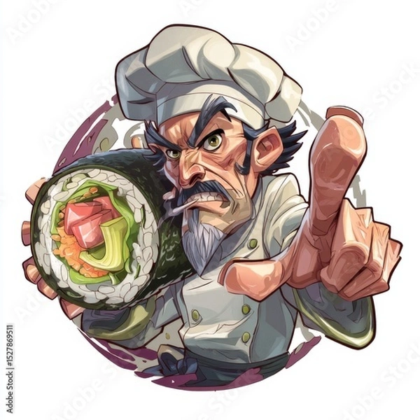 Fototapeta Expressive cartoon chef character holding sushi roll with intense gesture, perfect for culinary art or food theme projects