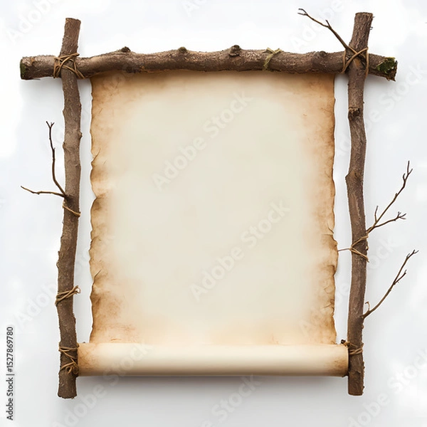 Fototapeta Parchment scroll on rustic twig frame hangs on a white wall Generative AI