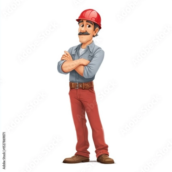 Fototapeta Cartoon construction worker in helmet with crossed arms standing confidently, showcasing strength and reliability in a playful design