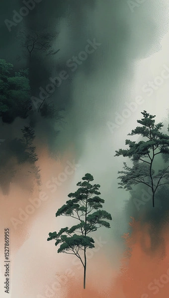 Fototapeta Modern minimalist gradient mobile wallpaper, seamless blend of deep forest green, charcoal grey, and subtle terracotta, delicate grain texture, soft focus, serene