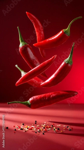 Obraz Falling spicy chili peppers on red background. Vegetable textures and culinary backdrop concept. Food shot for wallpaper, poster