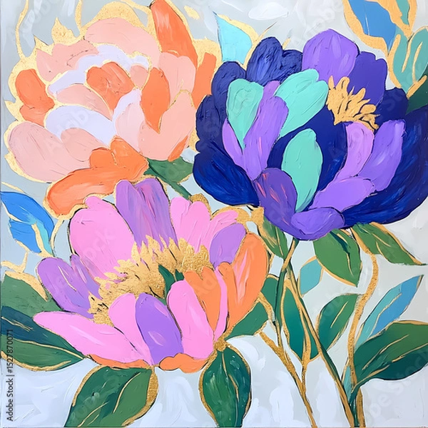 Fototapeta Abstract still life features bright flowers with golden accents Generative AI