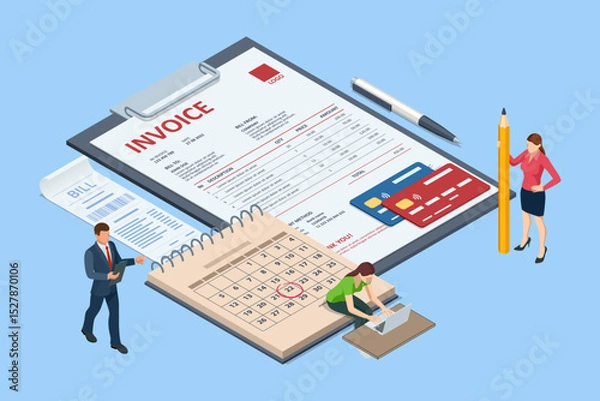 Obraz Isometric Mobile invoice payment concept. Isometric vector illustration of electronic bill, smartphone, currency icons, and notification envelope for digital finance and banking.