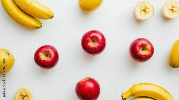 Fototapeta Arrangement of Fresh Bananas and Red Apples on a White Background Creating a Colorful Fruit Display
