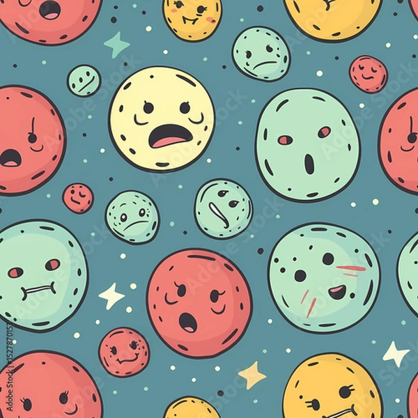 Fototapeta Cartoon planets with faces on a blue background with stars Generative AI