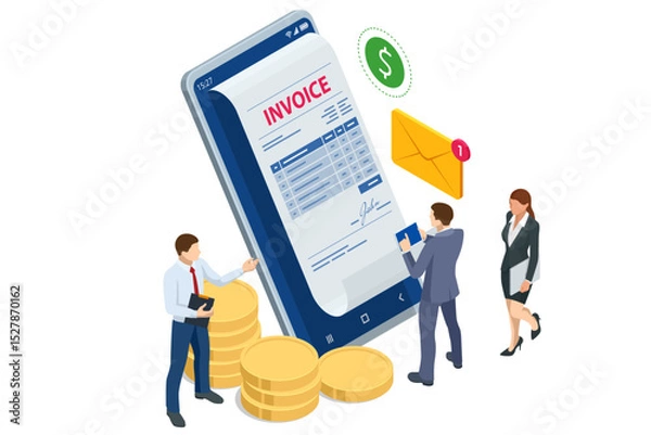 Obraz Isometric Mobile invoice payment concept. Isometric vector illustration of electronic bill, smartphone, currency icons, and notification envelope for digital finance and banking.