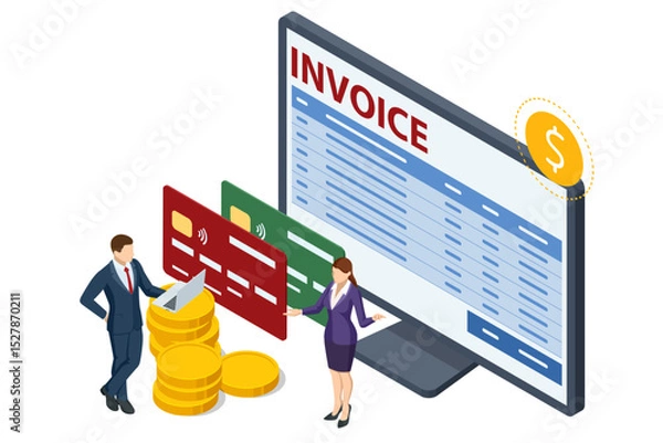 Obraz Isometric Modern vector illustration for e-billing, accounting, and online finance management. Digital financial transaction Smartphone with e-invoice, dollar sign, and coin stacks