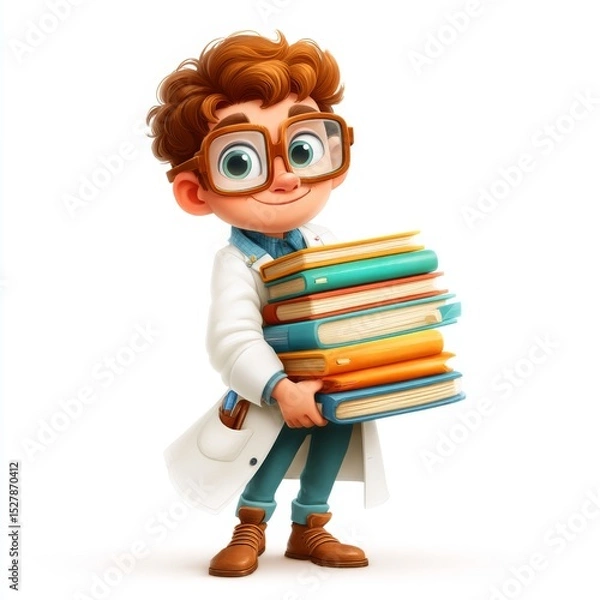 Fototapeta Young scientist character holding colorful books in a cheerful pose, ideal for educational themes and children's content