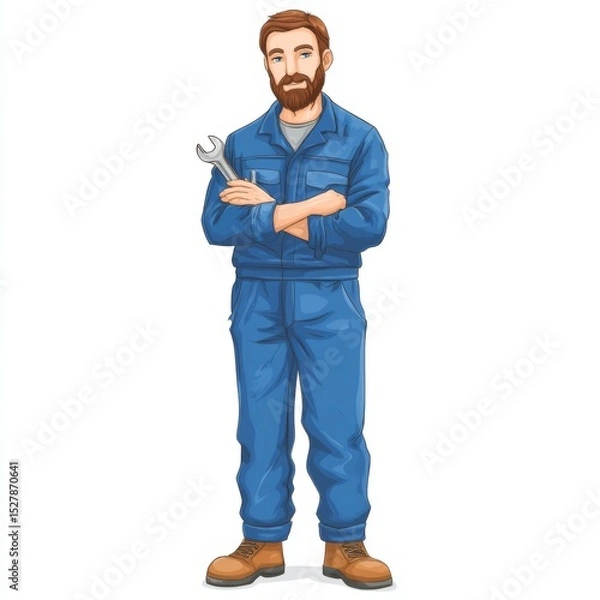 Fototapeta Skilled Technician with Wrench in Blue Work Uniform Standing Confidently with Arms Crossed in a Professional Setting