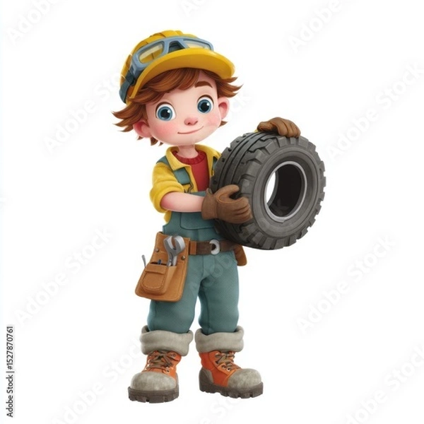 Fototapeta Cartoon character mechanic with orange cap and green overalls holding tire in colorful and cheerful setting