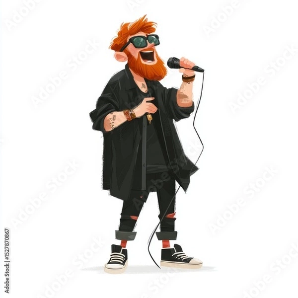 Fototapeta Vibrant cartoon character with red hair singing into microphone while wearing stylish sunglasses and modern outfit on white background