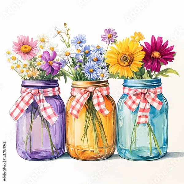 Fototapeta Flowers in colorful mason jars with gingham ribbon decoration Generative AI