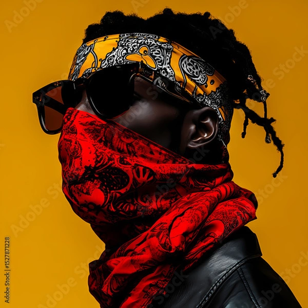 Fototapeta Man with dreadlocks wears scarf over face against yellow background Generative AI