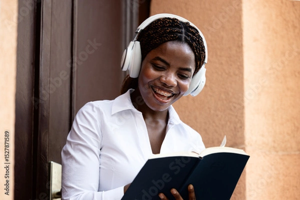 Obraz Young African female student reading book in front of the college and relaxing.
