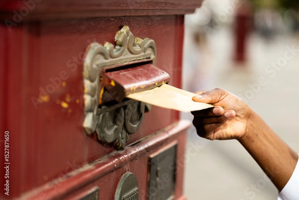 Obraz Close up view of hand inserting mail into mailbox. Post office service.