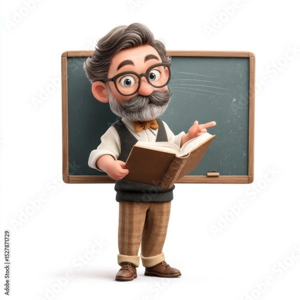 Fototapeta Cartoon teacher character with glasses and beard holding a book in front of a blackboard, engaging in an educational moment