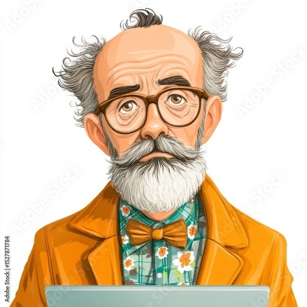 Fototapeta Thoughtful elderly man with glasses and stylish beard holding laptop while wearing a colorful outfit and bow tie