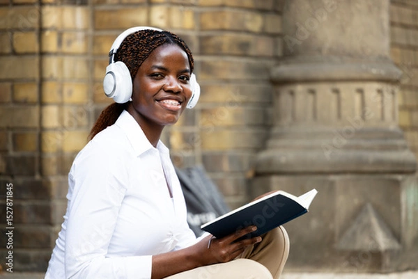 Obraz Young African female student reading book in front of the college and relaxing.