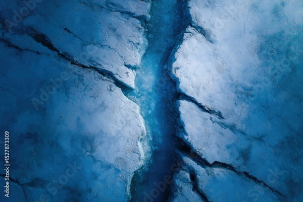 Fototapeta Top-down displays melting glacial ice on Greenland. A small river of meltwater runs through the cracks, indicating the effects of global warming