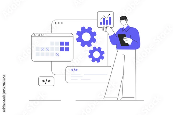 Fototapeta Web Services schedule. AI based email campaign, Businesses use email automation to schedule and trigger customer. Flat Cartoon Vector Illustration, icon. Stylish abstract design landing page