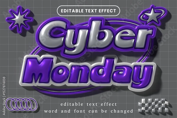 Fototapeta Cyber monday glossy inflated 3d editable vector text effect. Inflated chrome text style