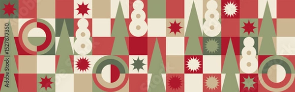 Fototapeta Geometric seamless pattern with winter blue patterns, Christmas trees in Scandinavian style. New Year's fashionable color pattern for textiles and wallpaper, gift design trend.