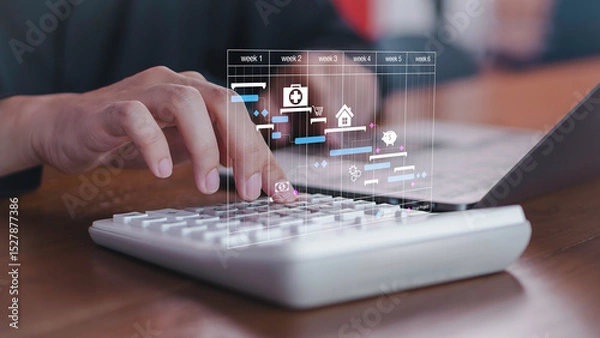 Fototapeta Financial planning and budgeting concept, professional calculating expenses and managing project timelines with digital Gantt chart interface