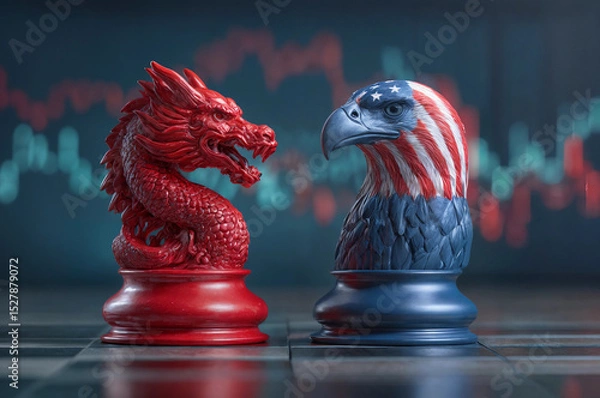 Fototapeta Chess pieces in the shape of a Chinese dragon and American bald eagle against a blurred background of stock quotes. Superpower confrontation and geopolitics concept. Digital illustration for poster 
