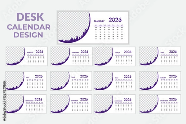 Obraz 2026 desk calendar design template.Monthly calendar layout for 2026 year. Diary planner for 2026 year. Week Starts on Sunday.New year 2026 table calendar with organic shape