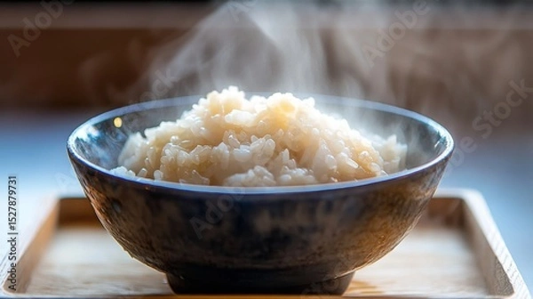 Obraz A close-up of freshly cooked rice in a ceramic bowl, steam rising into the air, with a wooden tray underneath for a warm, home-cooked meal vibe.