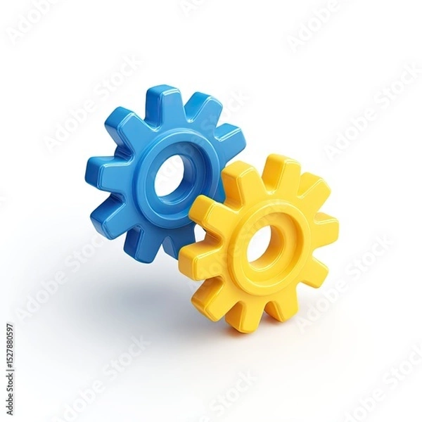Fototapeta Two interlocking gears, blue and yellow
