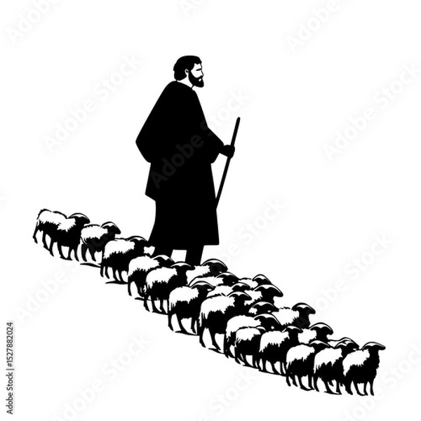 Obraz a black man leading a herd of sheep with a stick black, flock, herd, lead, man, person, sheep, shepherd, stick, walk , Generative art.