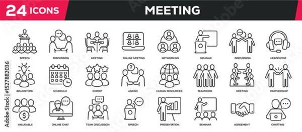 Fototapeta Set of collection line icons related meeting, workshop, seminar, teamwork. Editable stroke. Perfect pixel on transparent background