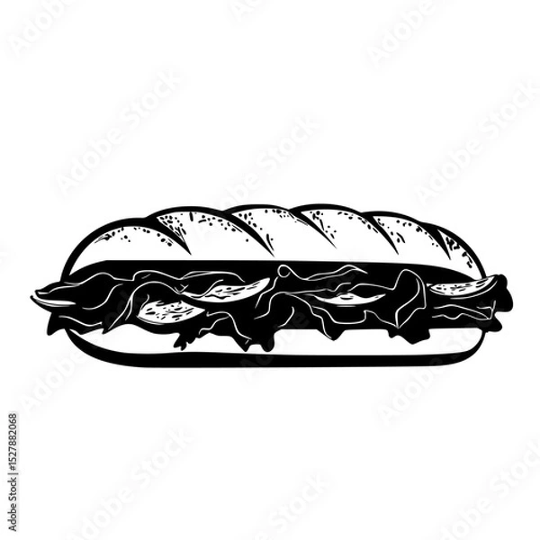 Obraz black and white illustration of a sandwich with meat, lettuce, tomato and cheese black, bun, cheese, icon, illustration, ingredient, lettuce, logo, meat, sandwich, tomato , Generative art.